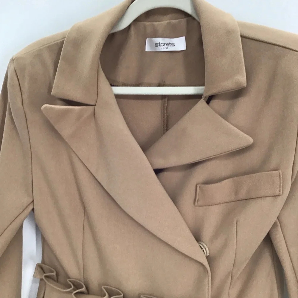 Storets Double Breasted Pleated Vintage Style Chic Blazer Jacket Tan Size Small - Picture 4 of 11